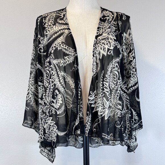 One World Womens Kimono Jacket Black White Paisley Chiffon Boho Flared Sleeve S - Picture 1 of 16